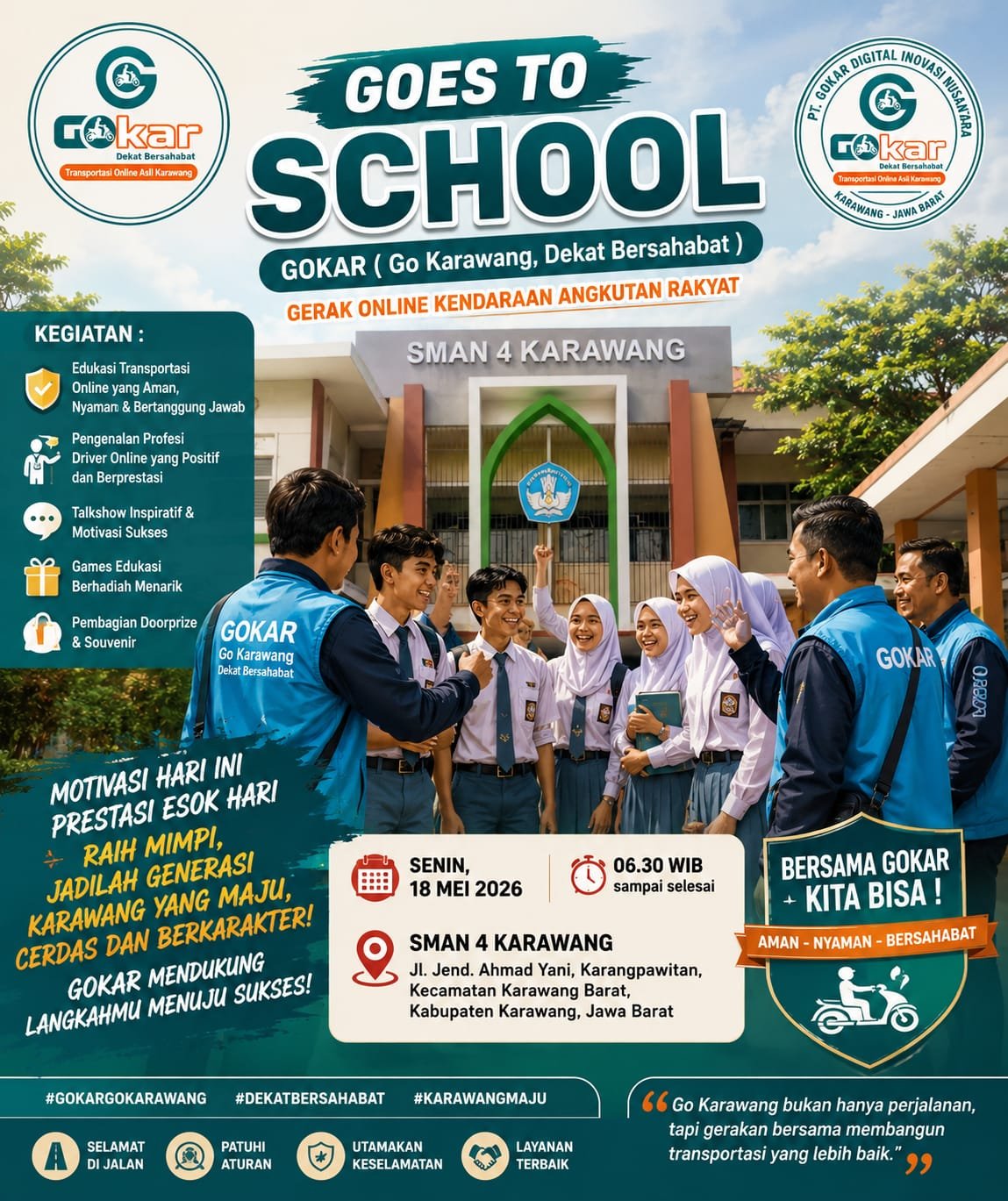 GOKAR Goes To School Siap Digelar di SMAN 4 Karawang, Edukasi Transportasi Online Aman dan Dekat Bersahabat