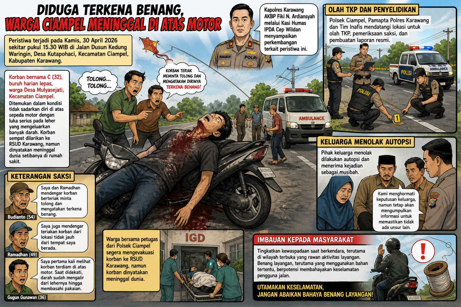 Diduga Terkena Benang Seorang Pemuda Di Ciampel Meninggal Diatas Motor