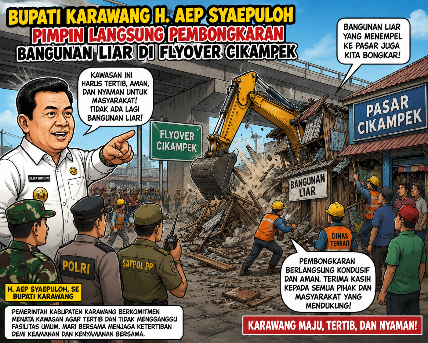Bupati Karawang H. Aep Syaepuloh Pimpin Langsung Pembongkaran Bangunan Liar di Kawasan Flyover Cikampek