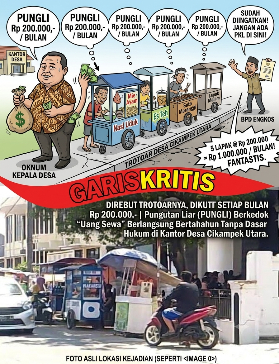 Trotoar Depan Kantor Desa Cikampek Utara Kecamatan Kotabaru dijadikan Lahan Jualan Tiap Pedagang di Pungut Rp 200 000.- /.bulan