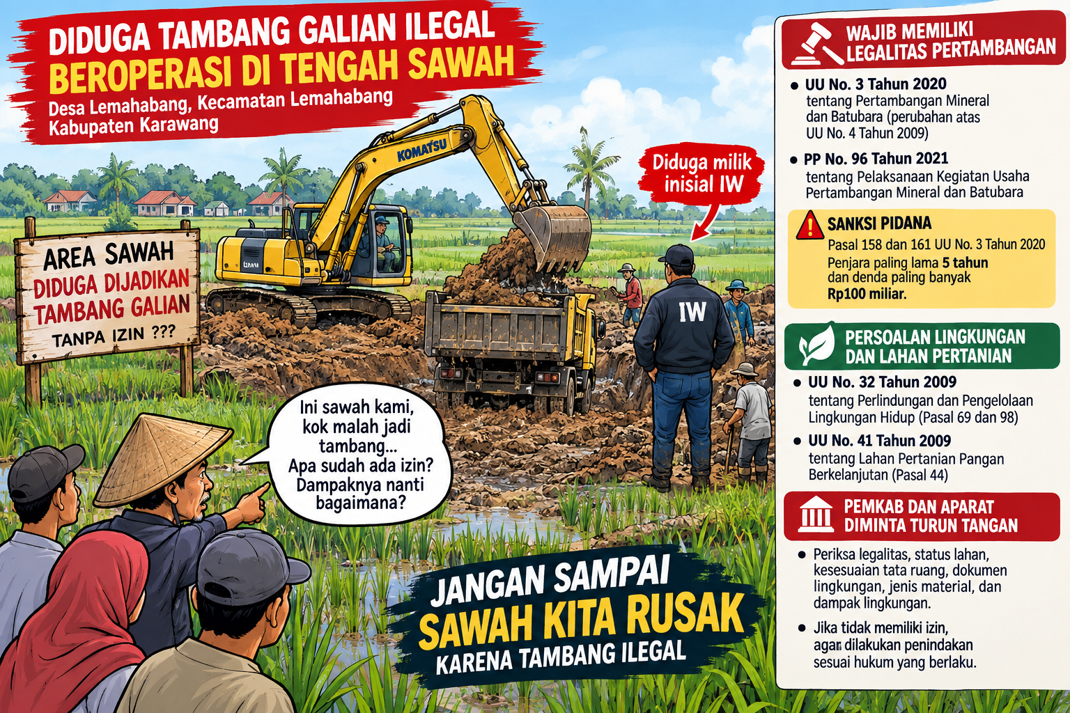 Diduga Tambang Galian Ilegal Beroperasi di Tengah Sawah, Warga Pertanyakan Legalitasnya