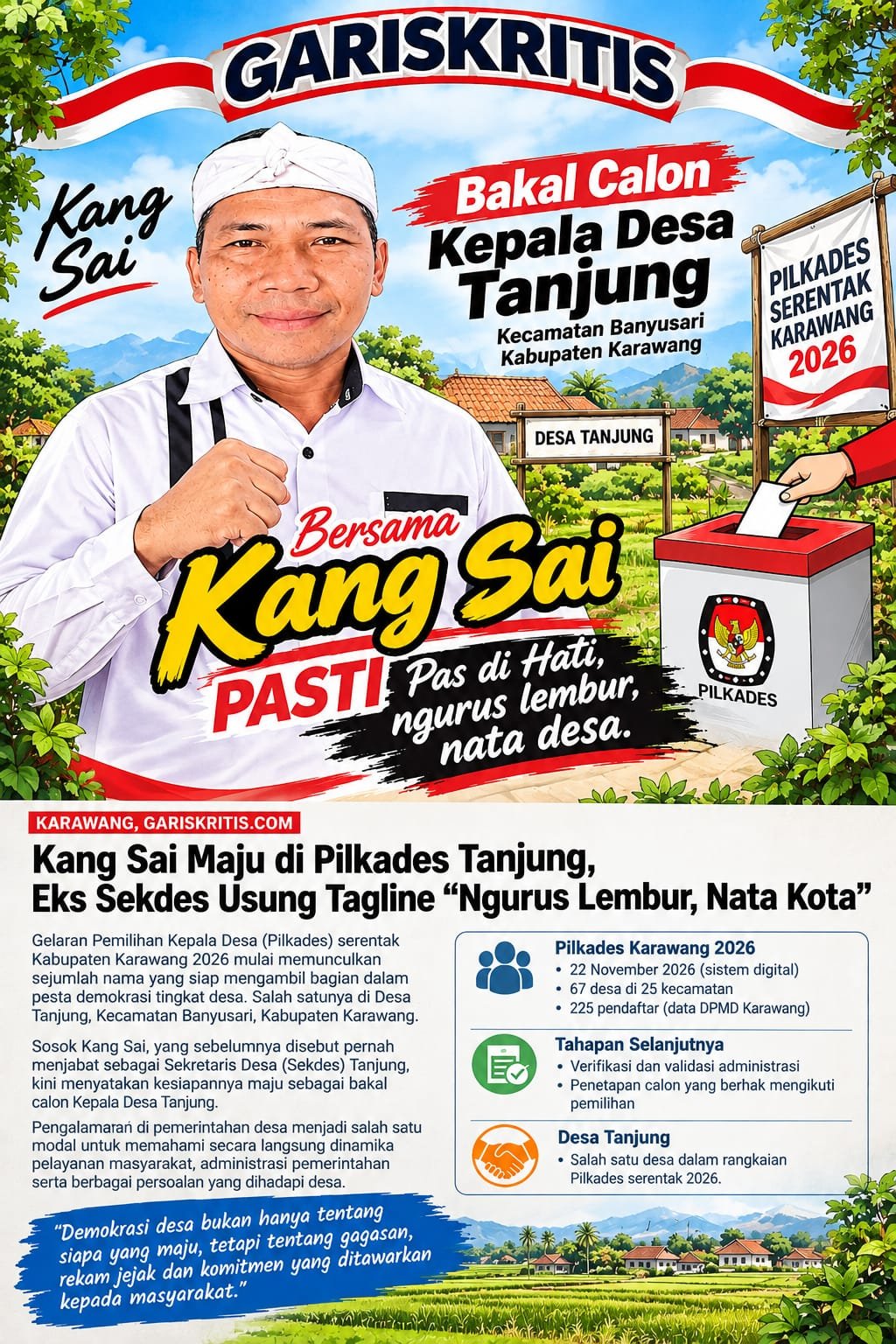 Kang Sai Maju di Pilkades Tanjung, Eks Sekdes Usung Tagline “Ngurus Lembur, Nata Kota”